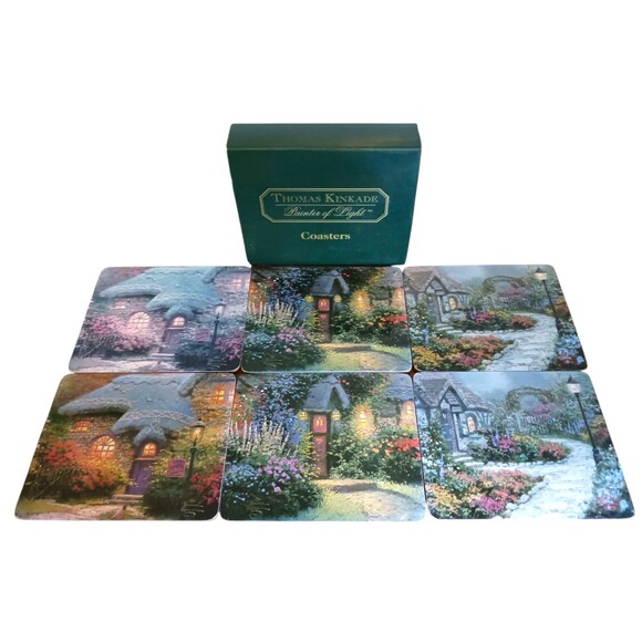 Thomas Kinkade Painter of Light Cottage Coasters Boxed Set of 6 Cork Backing - Picture 1 of 4